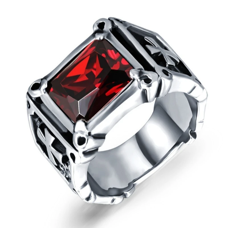 

New Retro Men's Fashionable Personalized Inlaid Ruby Cross Ring