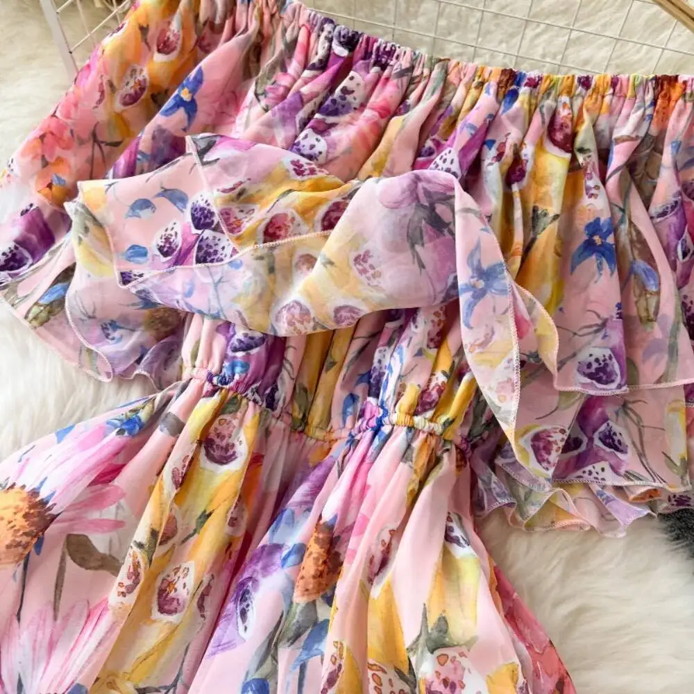 

Panelled Big Swing Print Vintage Robe Slim Fit Slash Neck Sleeveless Off Shoulder Dress High Waist Ruffles Chiffon Mujer