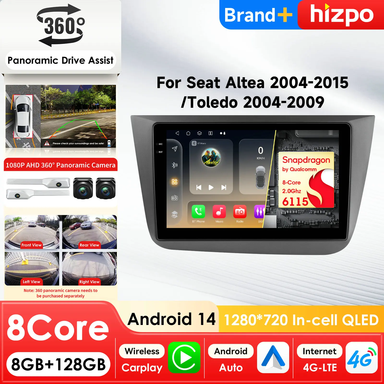 

Автомобильный мультимедийный плеер Hizpo Stereo Intelligent Screen Android для Seat Altea 2004-2015 Toledo с GPS, Carplay, 4G, Snapdragon