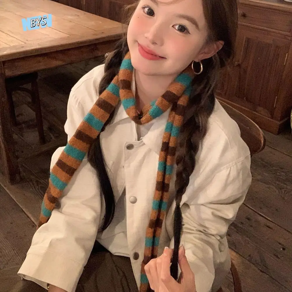 

Soft Korean Style Striped Scarf Narrow Neck Warmer Cashmere Knitted Scarf Windproof Thickened Winter Shawl Autumn Winter