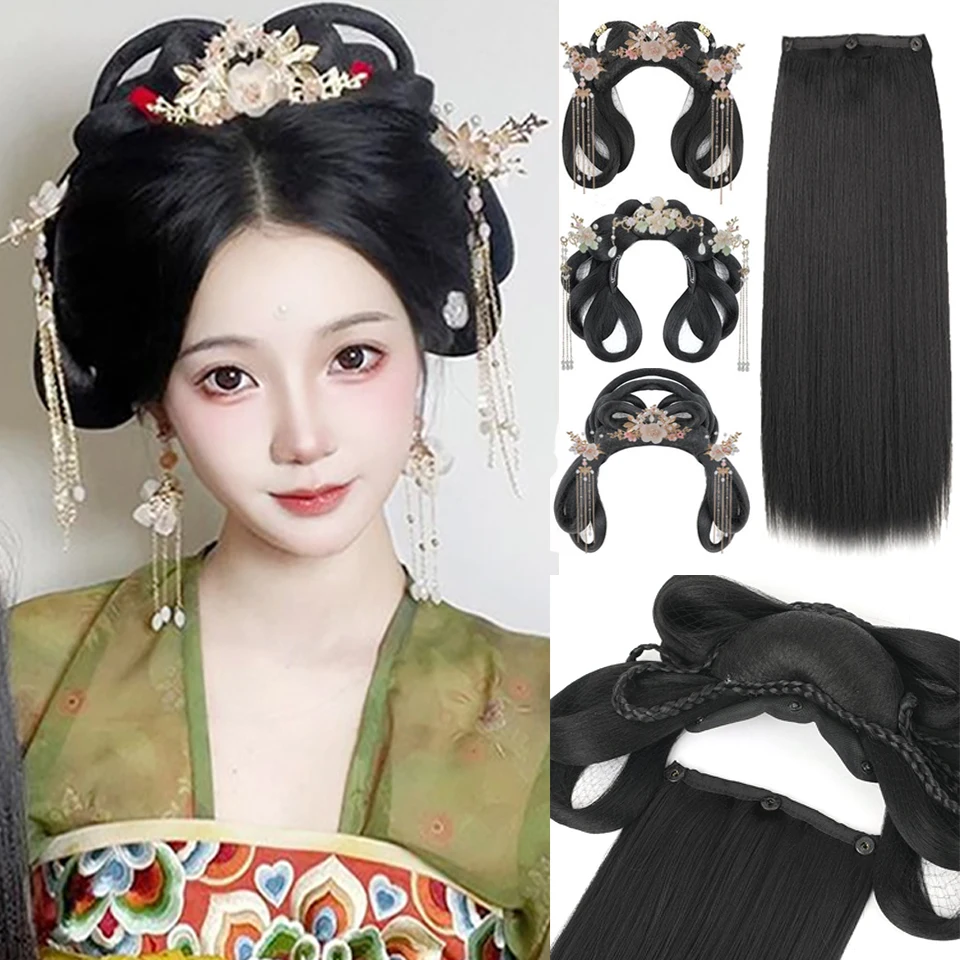 Synthetic Hanfu Wig Ancient Style Headband Braid Detachable headband Wig Women Chinese Style Hair Piece Antique Modelling Cospla