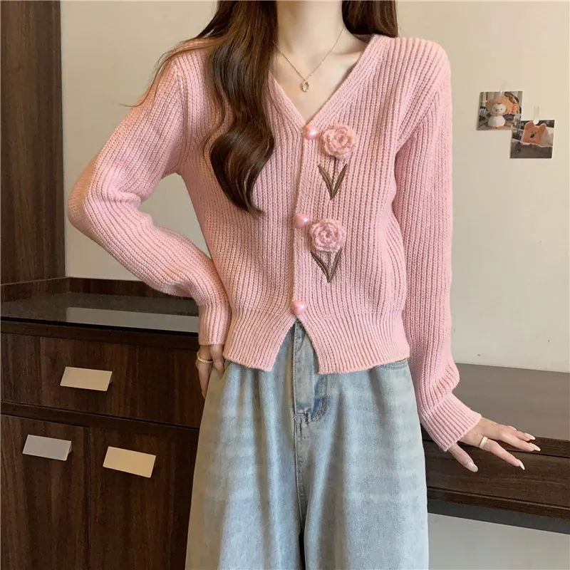 Cardigan lavorato a maglia V-ne da donna con ricamo pesante fiore ort Sle primavera autunno morbido maglione accogliente Jaet vestibilità ampia lunga Sve