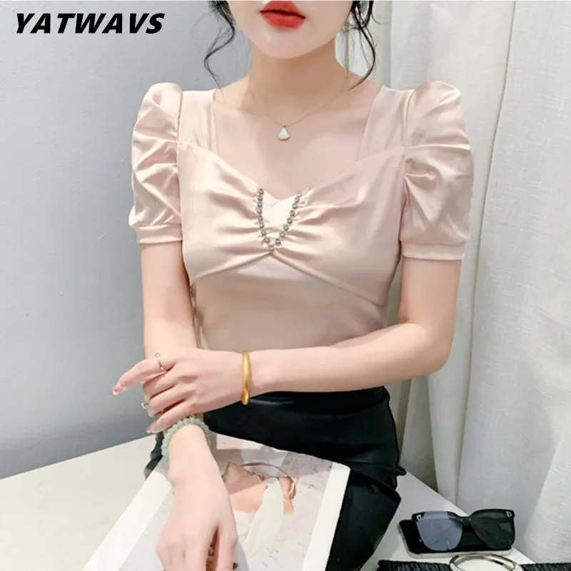 Streetwear Girl Summer Chic Square Collar Cotton T-shirt Femme Fashion Hot Diamonds Tops Women Puff Short Sleeve Slim Tees Shirt