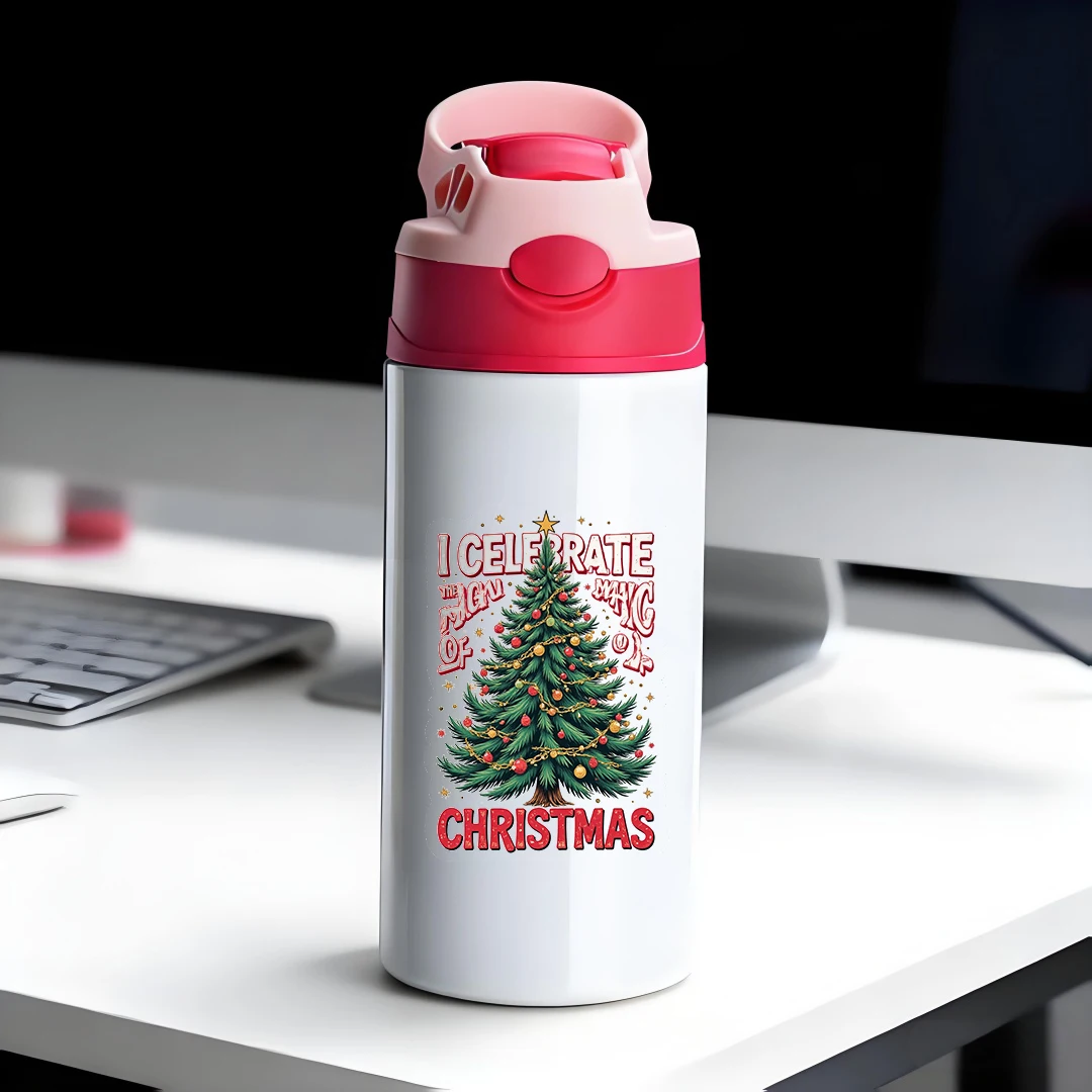 

304 stainless steel thermal cup cartoon Christmas tree pattern straw cup kids water cup Christmas gift for kids New Year gift