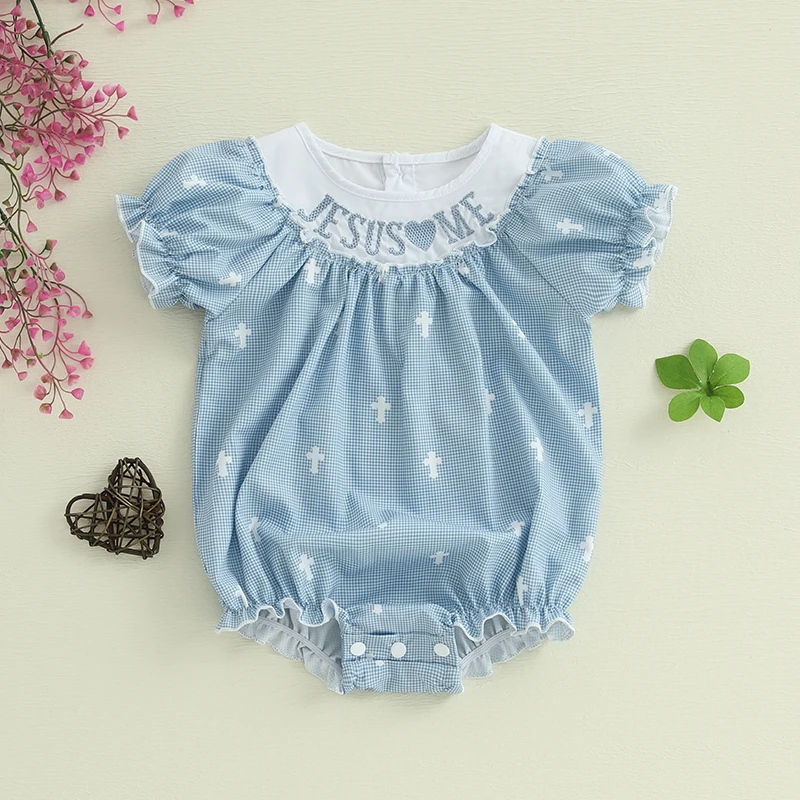 

Baby Girls Sweety Rompers Letter Heart Embroidery Round Neck Short Sleeve Infant Bodysuits Jumpsuits Summer Girls Clothes