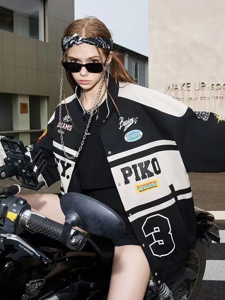 Spring and Autumn American letter printed motorcycle baseball jacket street style racing couple style goth  denim jacket women