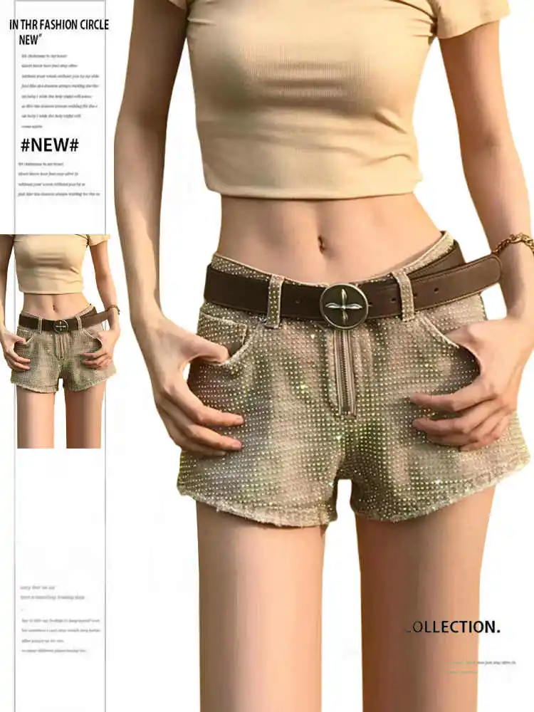 

Летние женские джинсовые шорты Kpop Y2K 2000-х годов Gyaru с низкой посадкой и стразами, джинсовые шорты в стиле Харадзюку, гранж, кибер-панк, кокетет, дизайнер