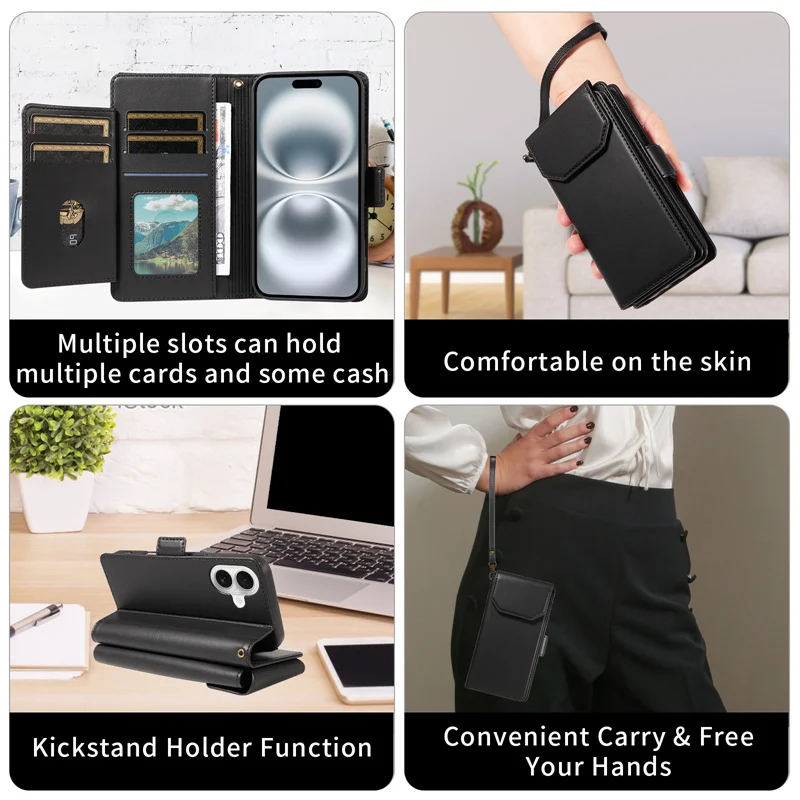 Ypm portefeuille Flip étui de téléphone en cuir pour IPhone 16 ProMax1615 Plus 14 13 12 11 X XR XS 7 8 Etui sac à main multi-fentes pour cartes Coque