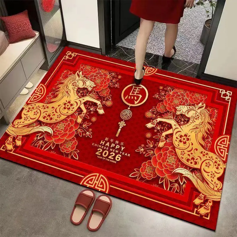 Chinese New Year Carpet Mat Rug Home Decoration 2026 Year Of Horse Red Gold Running Horse Peony Floral Festival Floor Decor