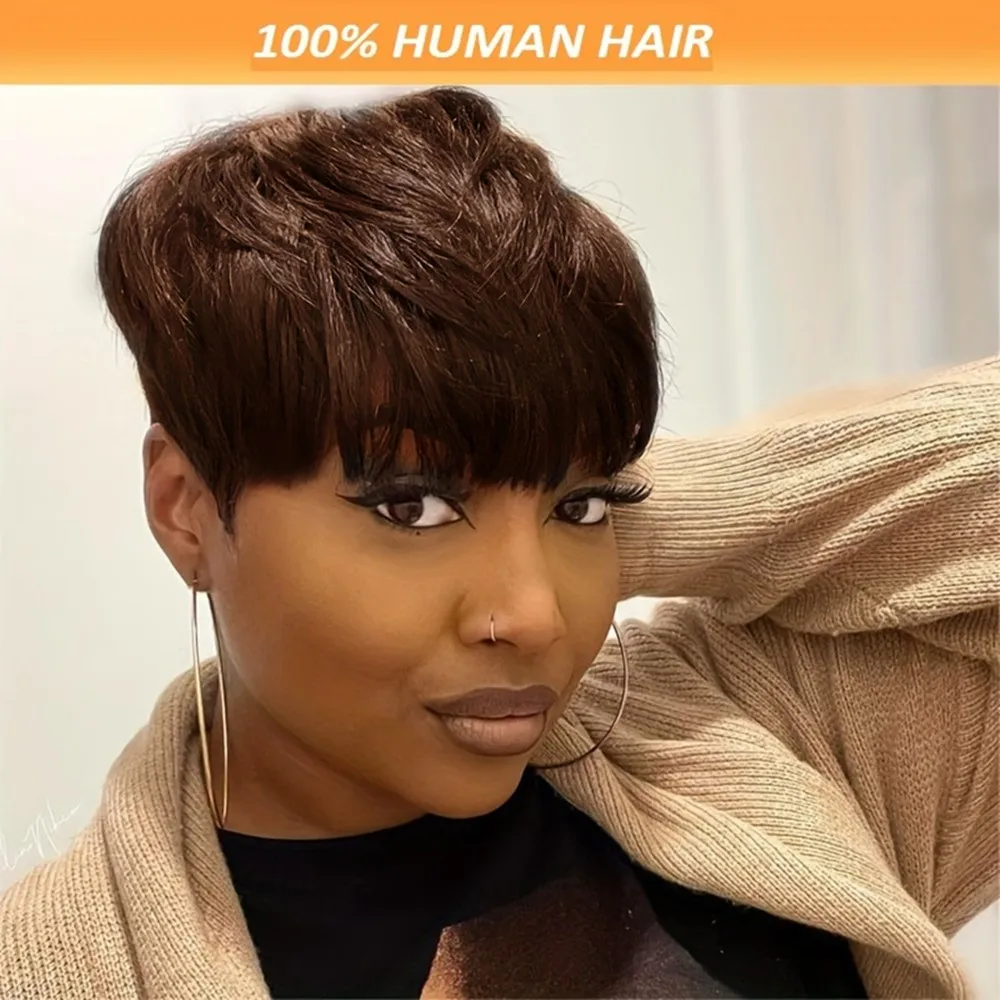 

6inch brown 99j black color pixie cut short straight human hair wigs machine made wig150% density remy hair for women