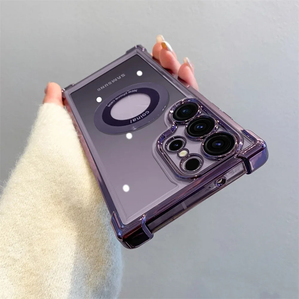 Plating Magnetic Wireless Charge Phone Case for Samsung S24 S23 FE S26 S25 S22 Plus S21 S26 Ultra Clear Lens Protection Cover