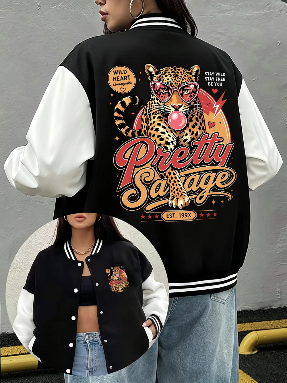 Pretty Savage Leopard Printing Coats Womens Winter Fleece Warm Baseball Jersey Casual Pocket Jackets Street Loose Woman Clothes