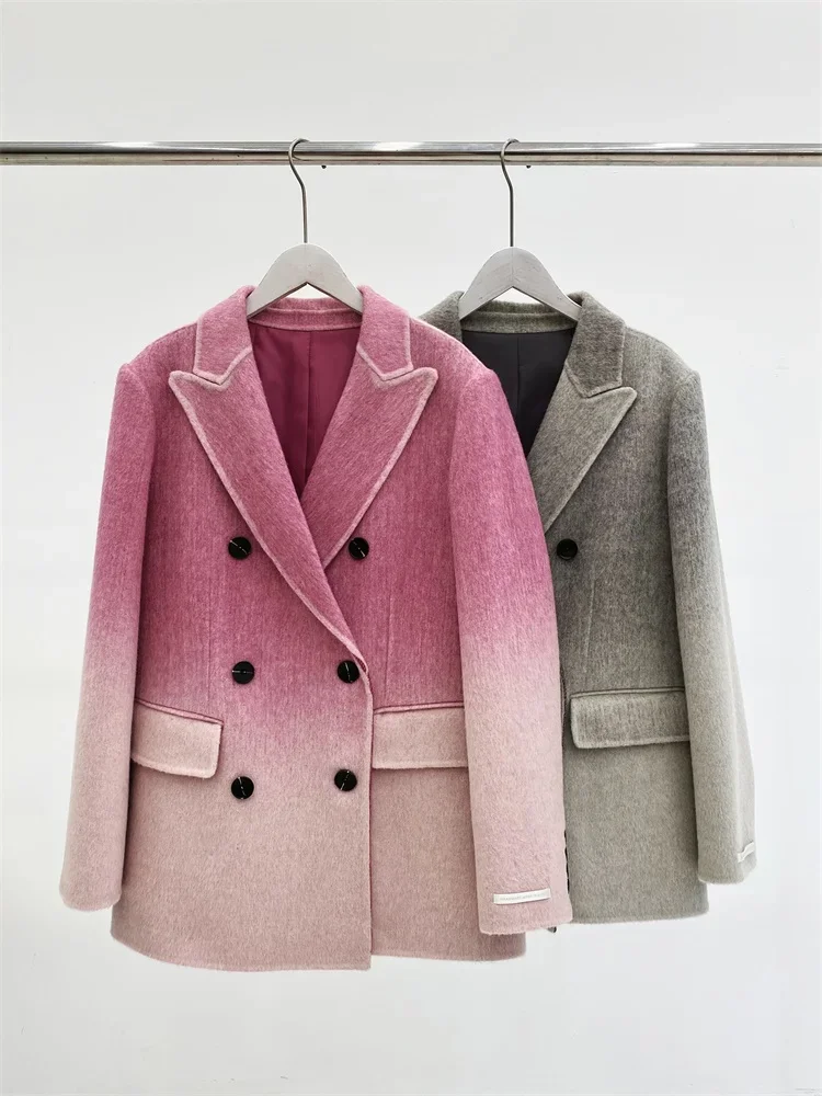 

RosEvans Gradient Double-sided Cashmere Coat Women Fashion Loose Slim Luxurious Suit Collar Double-breasted Wool Coat Women 2023