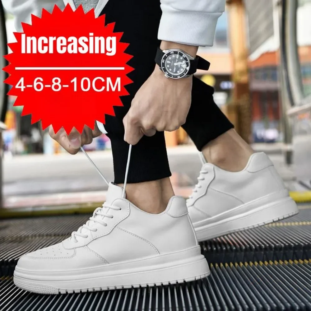 PDEP New Height Increasing Shoes for Men 10cm Invisible Elevator Sneakers White Leathe Sport Zapatillas De Hombre Big Size 46