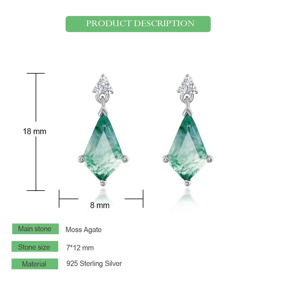 أقراط مرصعة بالفضة الإسترلينية للنساء ، كريستال فريد ، عقيق طحلب طبيعي ، مجوهرات فاخرة ، سوار معتمد ، 7x12 عرض حجر #5