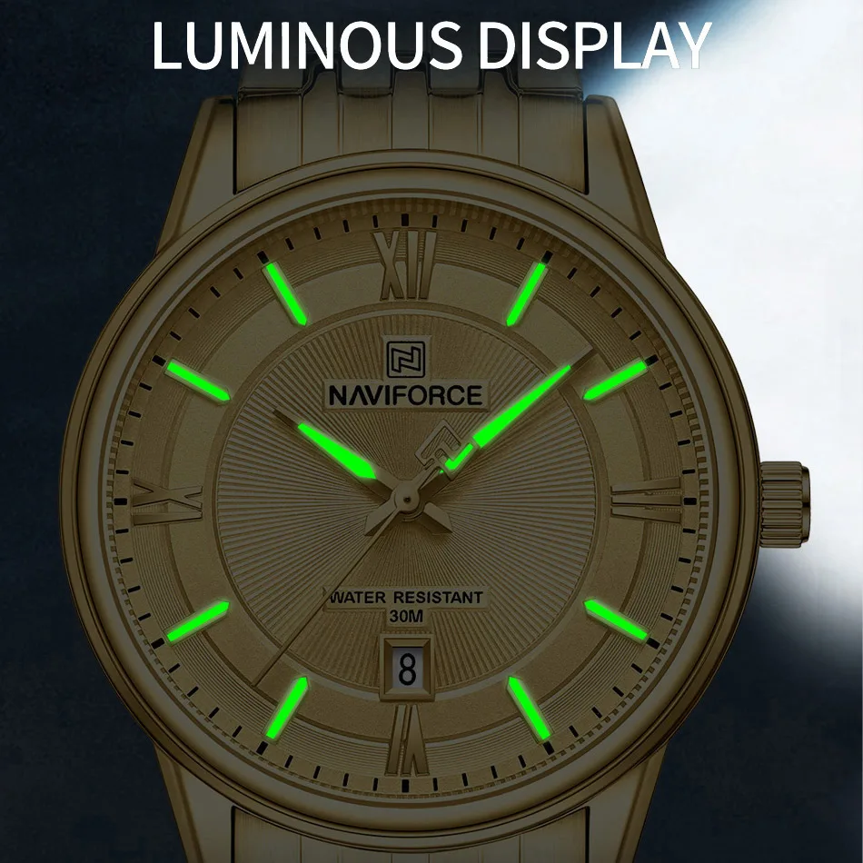 NAVIFORCE Pareja Reloj de pulsera de cuarzo de lujo Relojes con correa de acero inoxidable de moda para hombre y mujer Reloj luminoso resistente al agua de lujo