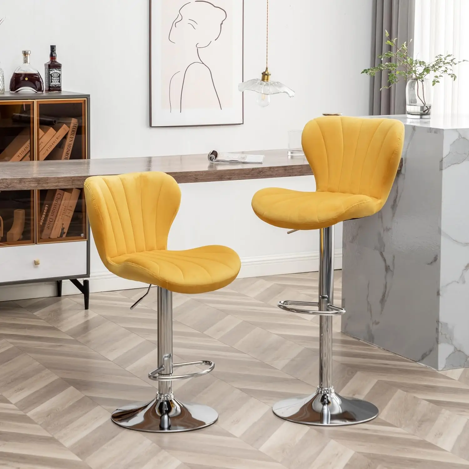 Ellston Velvet Adjustable Swivel Barstools in Yellow, Set of 2