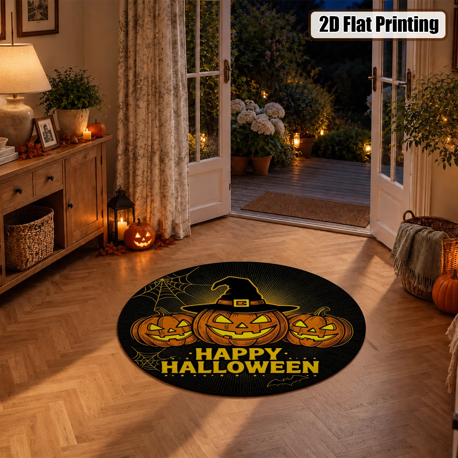 Halloween Pumpkin Witch Hat Spider Web Pattern Round Velvet Rug, Machine Washable, Suitable for Living Room, Bedroom, Entryway, Dining Area, Ideal for Halloween, Thanksgiving, Christmas, New Year, Black Friday Home Decor