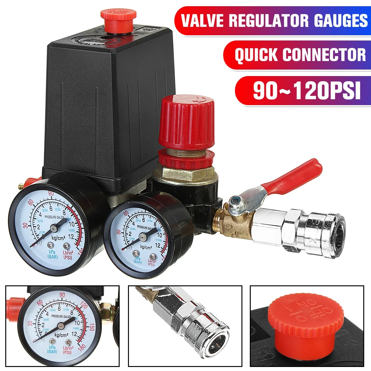 90-120 PSI 240V Air Compressor Pump Pressure Switch Manifold Regulator Control Valve with Quick Connector Gauges
