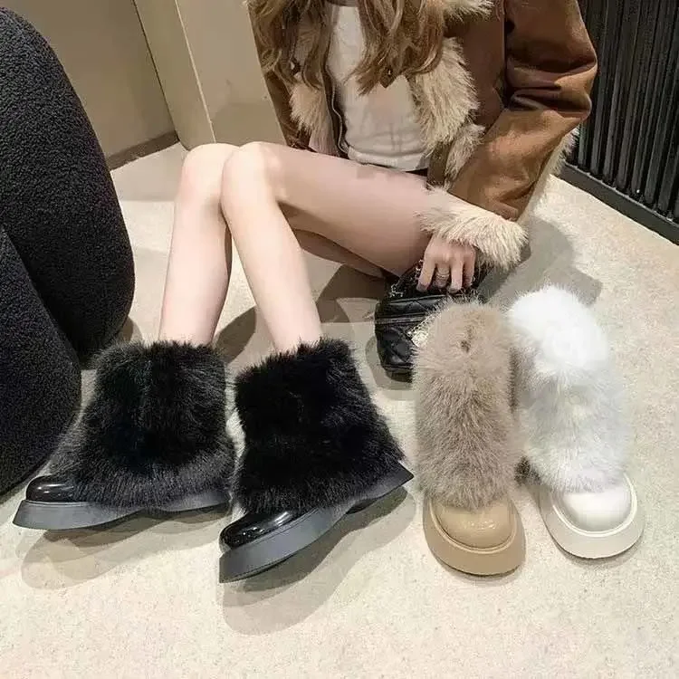 2026 Women's Cute Faux Mink Fur Thick Sole Anti-Slip Mid-Calf Snow Boots