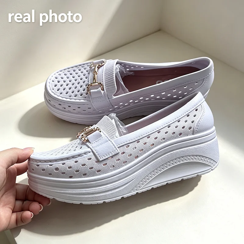 Soft Thick Bottom Height Increase White Loafers Women 2026 Summer Hollow Out Wedge Heel Pumps Women's Comfortable Nursing Shoes view 3