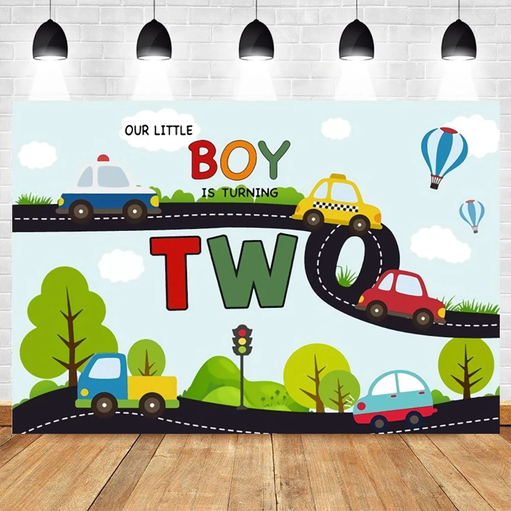 Fond de photographie de fête d'anniversaire de train de dessin animé, thème de transport, ballon de voiture, toile de fond de 1er anniversaire, studio photo, garçon, fille
