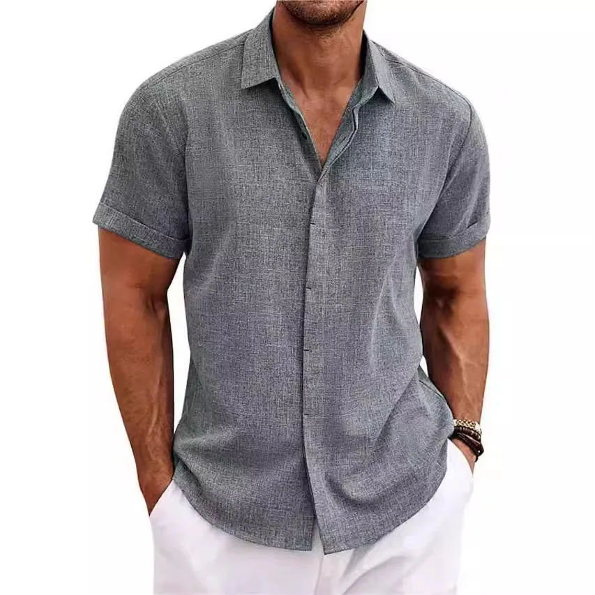 Moda masculina casual cor sólida camisas botão linho algodão manga curta formal camiseta masculina lapela básica fina topos uso diário