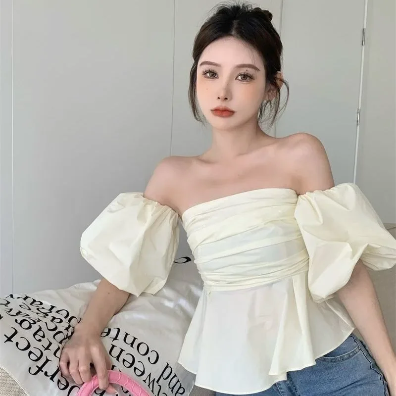 

Puff Sleeve Blouses Women Off-shoulder Thin Summer Elegant Sweet Retro Fashion French Style Tender Holiday Girlish Блузки Ins BF