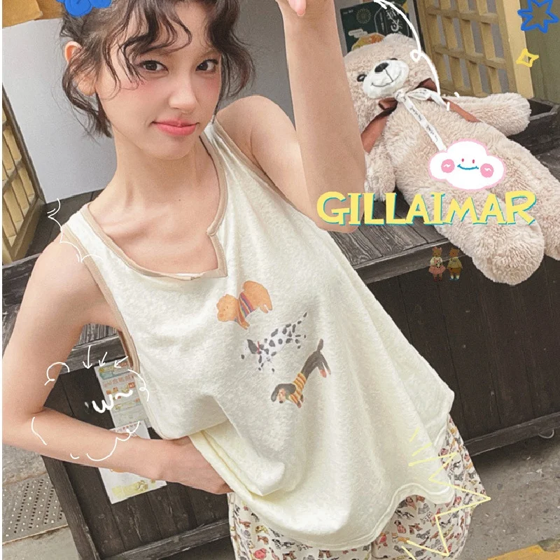 

Cute Cartoon Dog Print Csole Nightgown Women's Home Clothes Set Summer New Sle Sweet Girl ort Sve round Ne Spwear