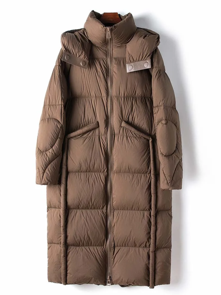 Luxury  women\'s Warm long down jacket oversize 420g 2024 Winter Brown design puff coat with hooded Female Parkas INKEO DJ030