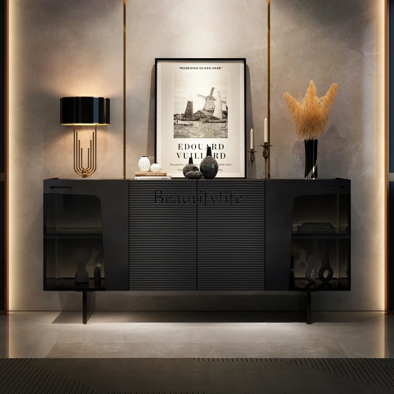 Italian light luxury door cabinet, high-end villa with lamp decoration, black rock slab dining side cabinet