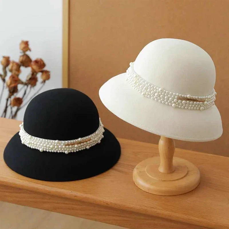 

Hepburn fashion streetstyle black wide brim pearl wool bucket hat female vintage big hat for women