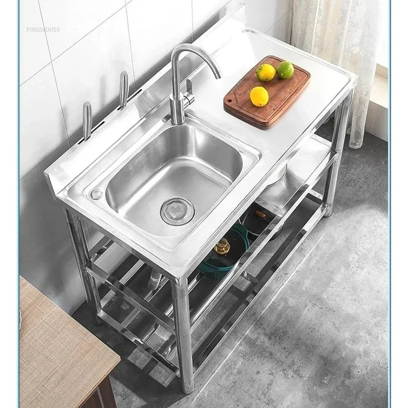 Thickened Modern Kitchen Sinks for Restaurant Floor-standing Double Basin Sink Simple Metal Commercial Kitchen