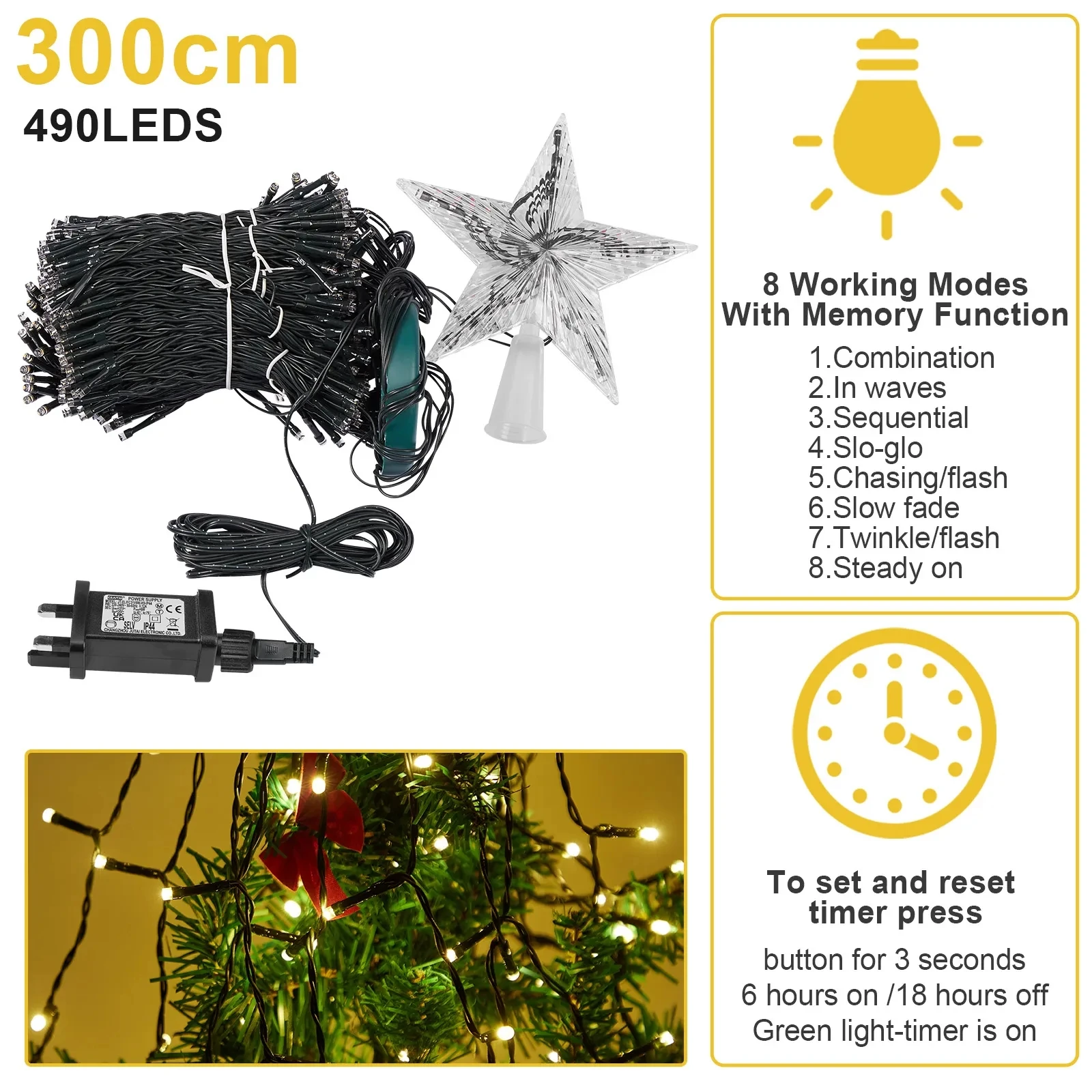 8 modalità timer LED luci a cascata per albero di Natale con stella Topper memoria scintillante illuminazione natalizia da giardino decorazioni natalizie