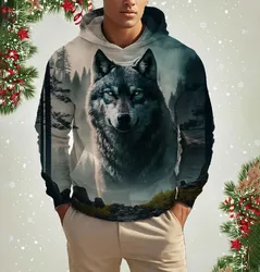Men's Hooded Fashion Animal Wolf 3D Print Hoodies Top New Autumn Fashion Casual Long Sleeved Pullover Oversized Sweatshirts