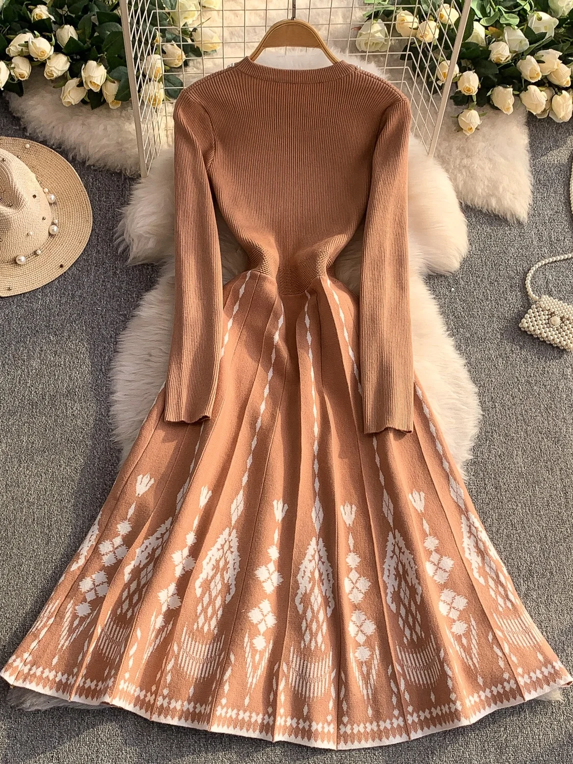 Ele Gestrickter langer Dr-Damen-Winter-Taillen-Cinching-Druck-Plissee-Maxikini-Pullover Dr High Ne Korean Sle Commute