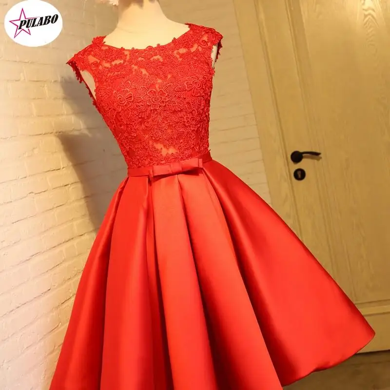 PULABO Lace Many Color Illusion Flowers Beading A-line Knee Length Dinner Bridesmaids Dresses Party Short Formal Dress Female