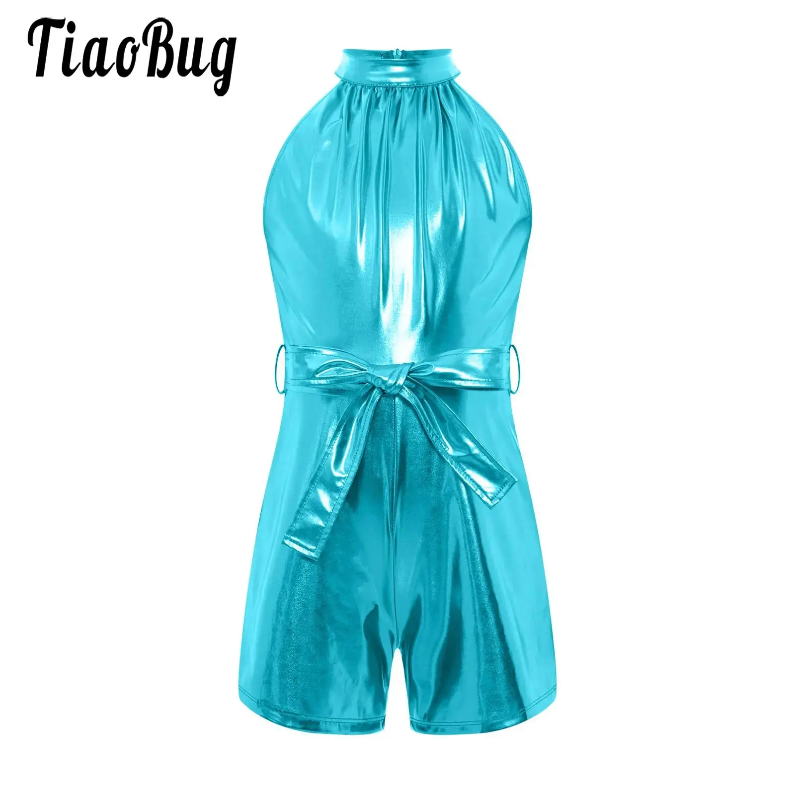 

Kids Girls Shiny Leotards Jazz Dance Costume Metallic Halter Sleeveless Zipper Short Jumpsuits for Performance Birthday Party