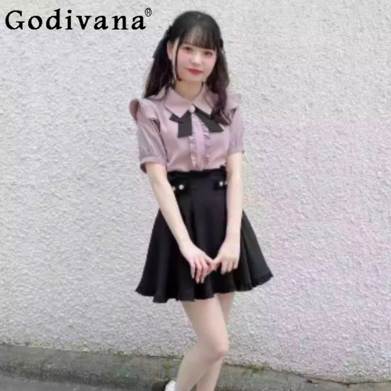 

Plus Size Japanese Pink Turn-down Collar Short Sleeve Ruffles Shirts Spring Summer Fashion Versatile Age-reducing College Shirt