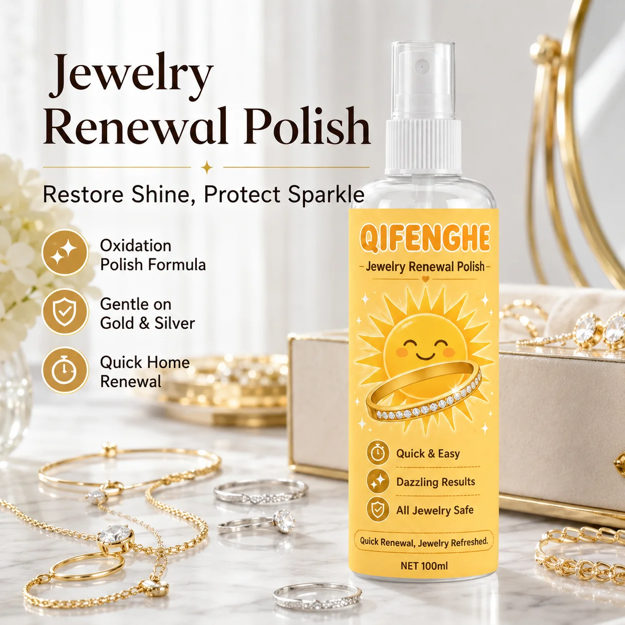 Jewelry Polish Spray, Instant Shine Restore, Gentle Cleaner for All Jewelry, No Tools Needed, 100ml
