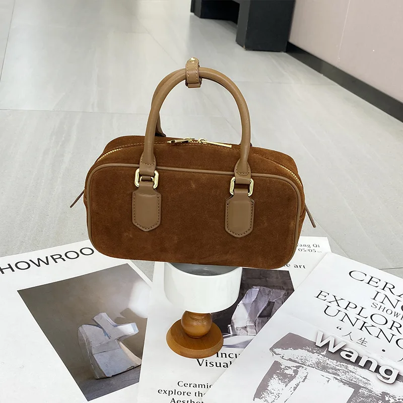 

Женская сумка Boston, осень 2021, замшевая кожаная сумка через плечо, винтажная универсальная мини-сумка для боулинга, портативная