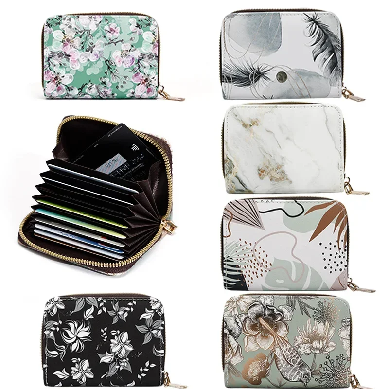 Fashion Retro Zipper Card Bag Women Flower Printed 11 Cards Slot Organ Card Bag Case ID Holder Credit Card Holder Badge Holder