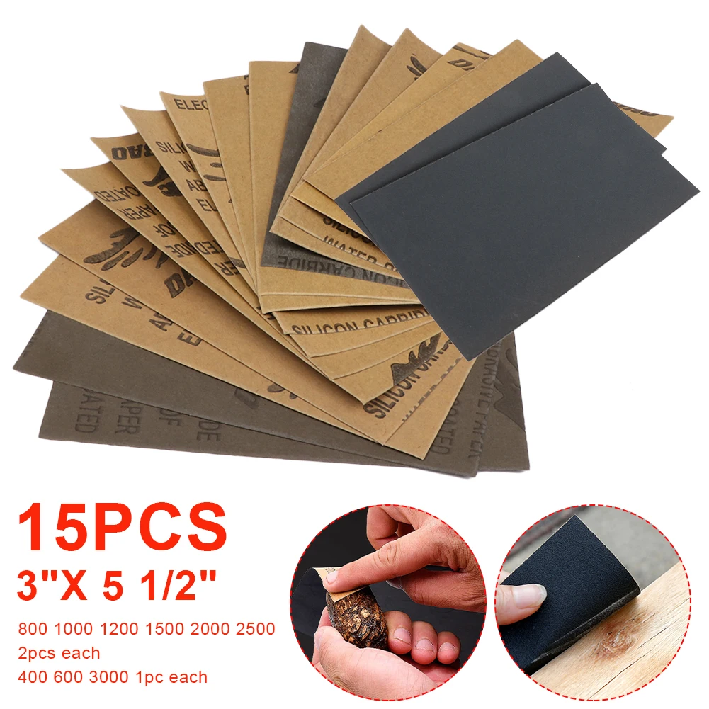 

15pcs Sandpaper Set 400 600 3000 800 1000 1200 1500 2000 2500 Grit Sanding Paper Wet/Dry Abrasive Metal Glass Car Polishing