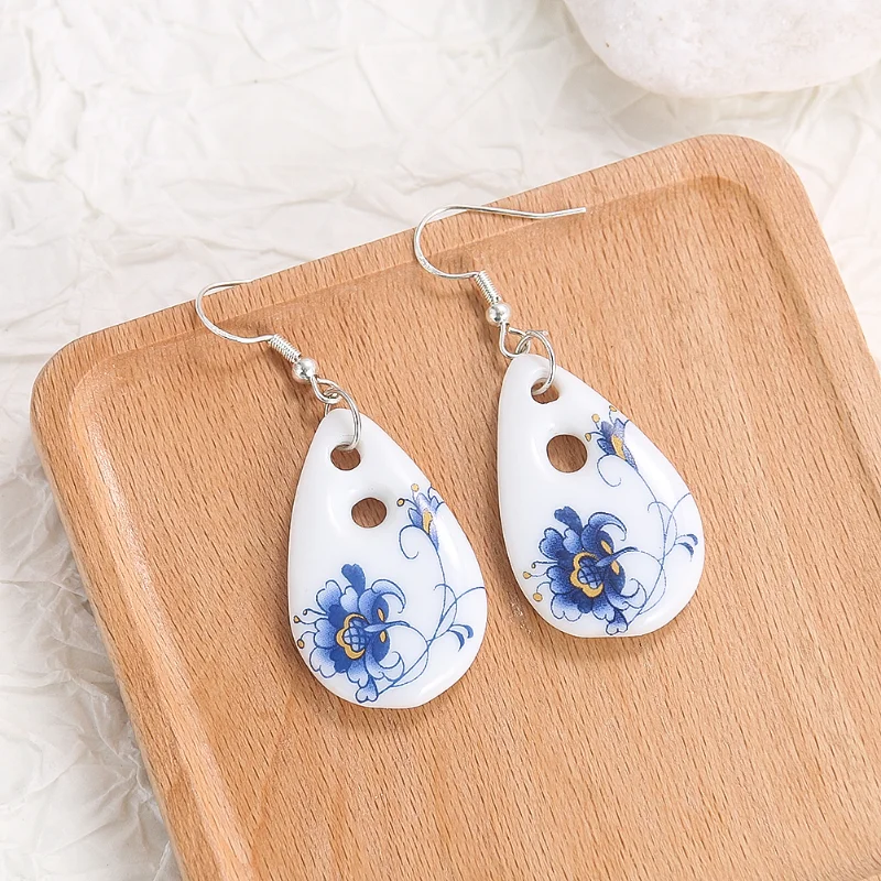 1pair Chinese Ceramics Water Droplets Phalaenopsis Flower Chinaware Dangle Earring Charm Elegant Woman Ear Pendant Jewelry Gifts