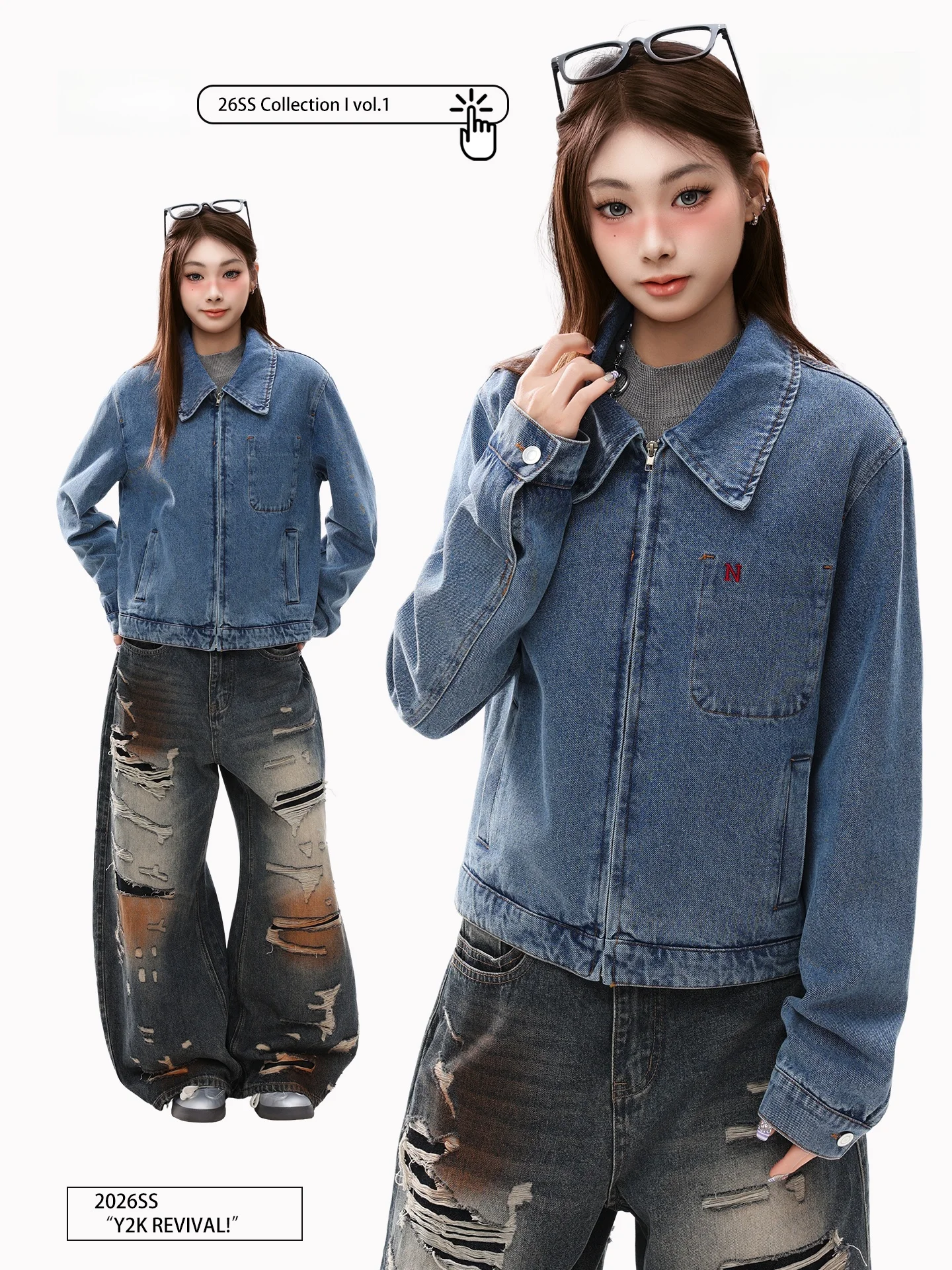 

PBB American Street Style Washed Vintage Jeans Jacket Women's Spring Autumn Short Collar Embroidery Jacket Loose Fit Warmth