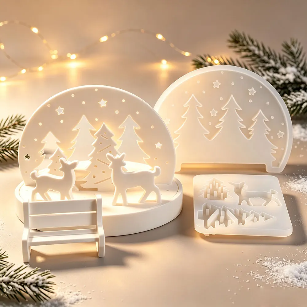 5pcs Christmas Scene Silicone Epoxy Casting Molds Set, Deer Tree Bench Lamp Base Tray Molds, DIY Handmade Clay Art Decor