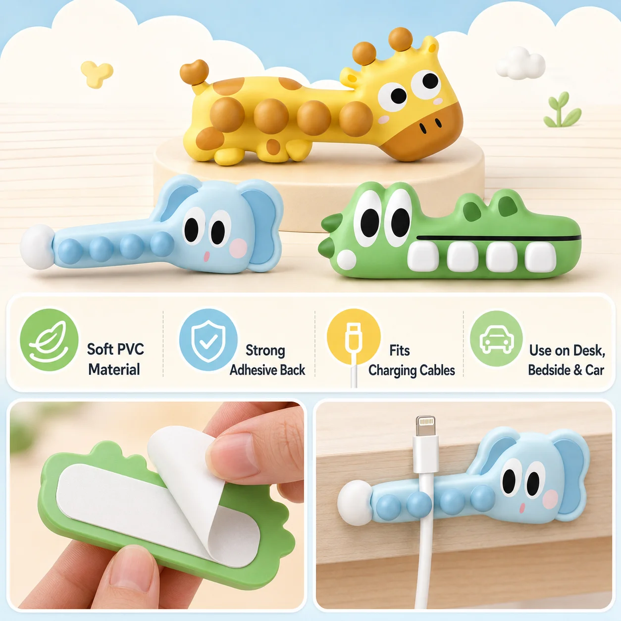 Cartoon Animal Shape Desktop Cable Organizer Wire Management Holder Self Adhesive Cable Winder Desktop Storage Accessory