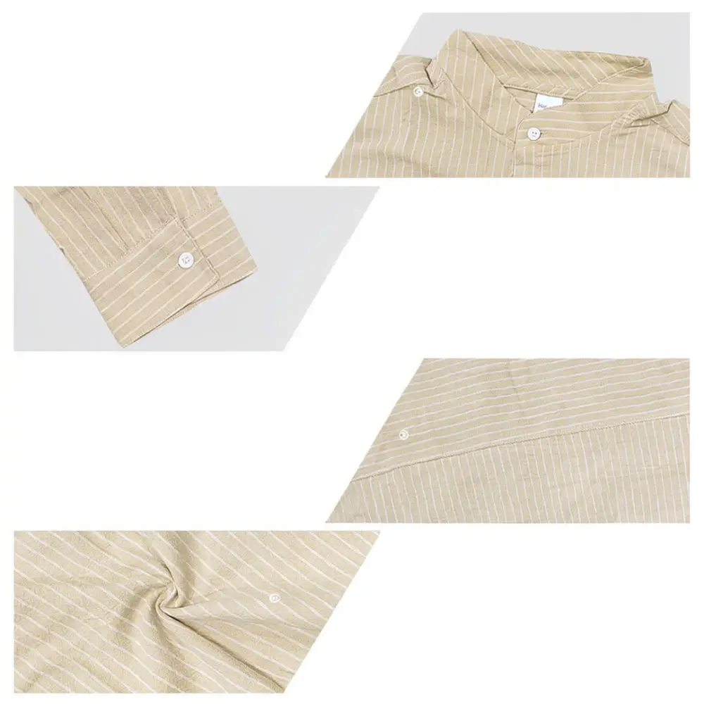 Mens Long Sleeve Vertical Striped Shirt Stand Collar Casual Linen Button Down Top Loose Fit Breathable Soft Business Blouse