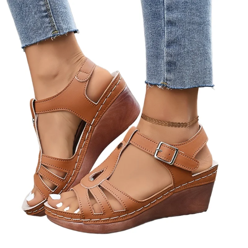 2026 Sommer Neue Damen High-Heel-Sandalen Keilabsatz-Sandalen Retro-Ledersandalen Damen Casual Plateau-Sandalen Sandalias Mujer
