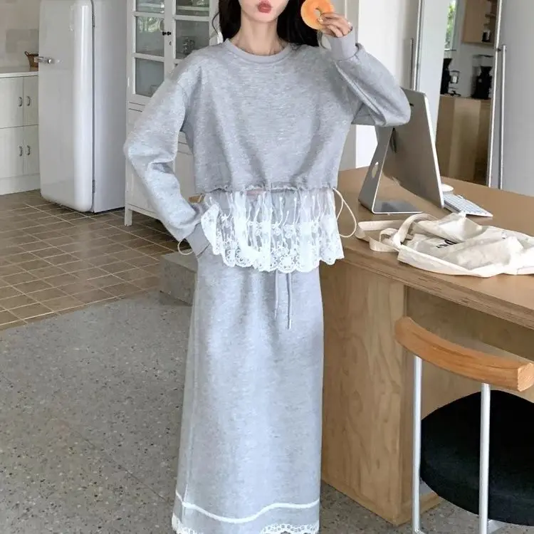 Gray Lace Splicing Sweater Set Women's 2026 New High-end Spring Wear Top Skirt A Complete Set